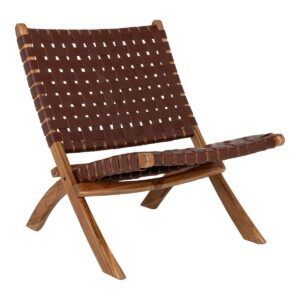 Chaise pliante Perugia – Chaise pliante Perugia en cuir, marron avec pieds en bois de teck clair