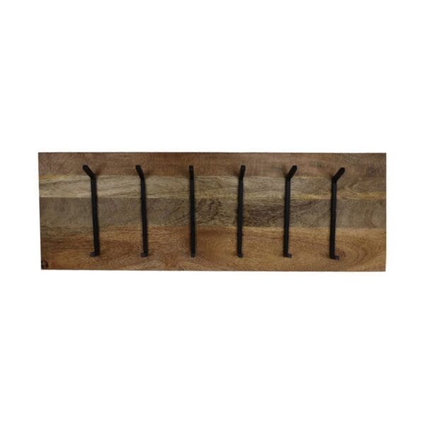 HSM Collection-Wall Coat Rack 6 Hooks-90x11x30-Natural/Black-Mango/Metal